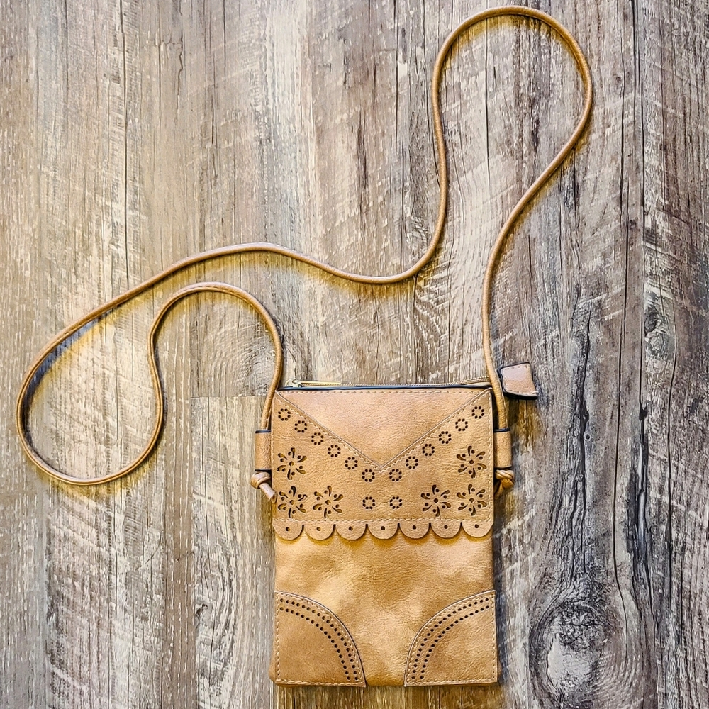 Memories Brown PU Leather Crossbody Bag with Cut-Out Detailing